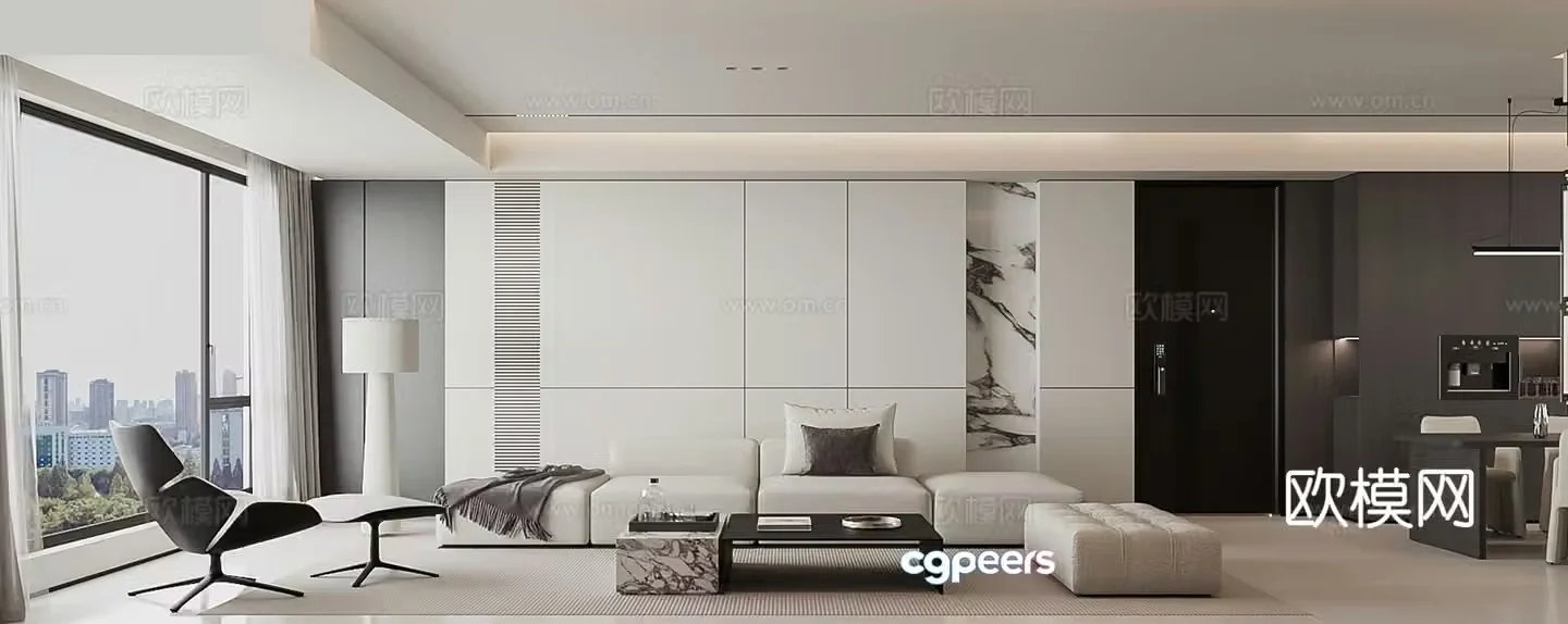 Modern living and dining Italian restaurant minimalist living and dining room TV background wall black and white gray living and dining room 3D model