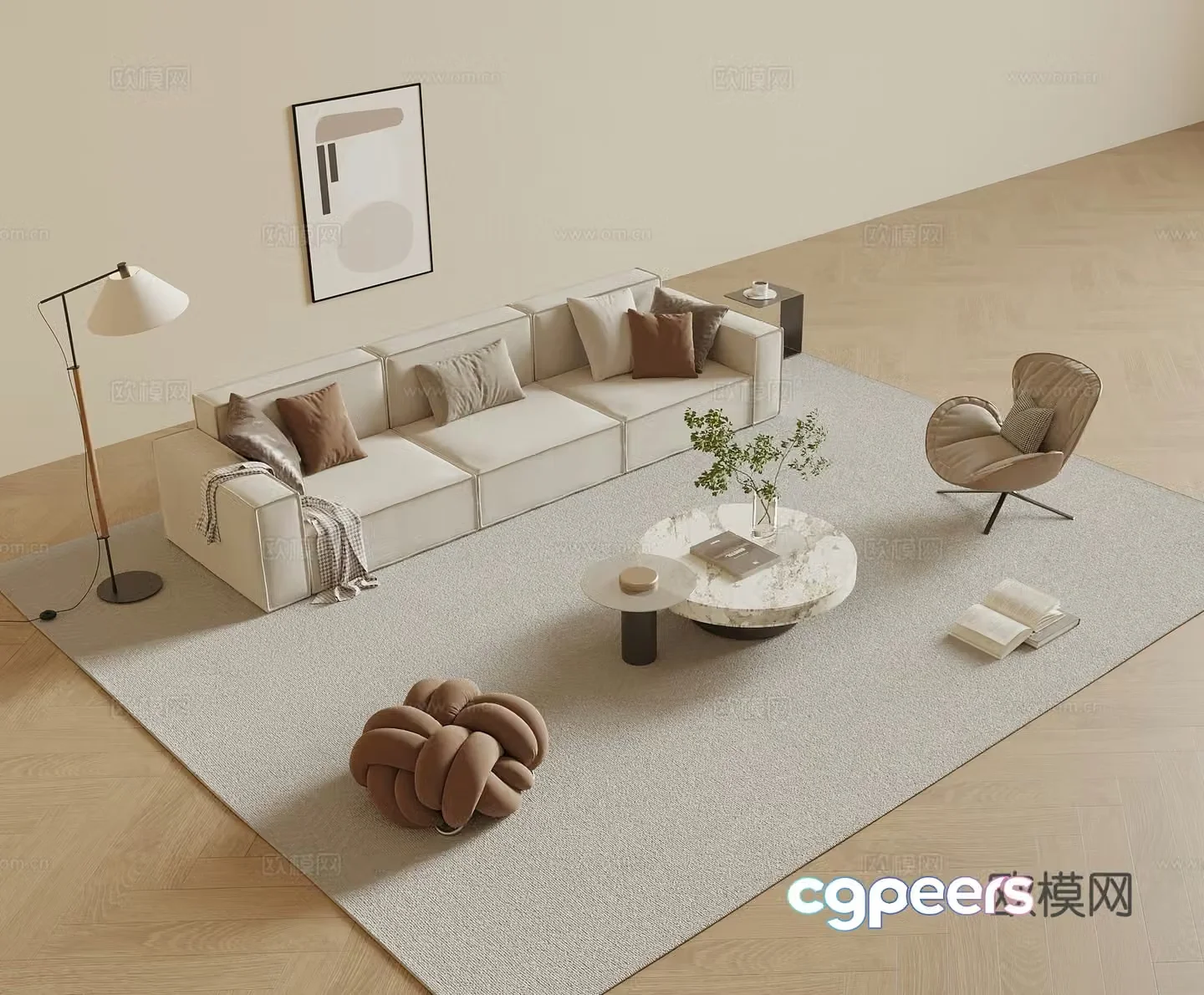 Modern sofa coffee table combination leisure chair three-person sofa painting floor lamp 3D model