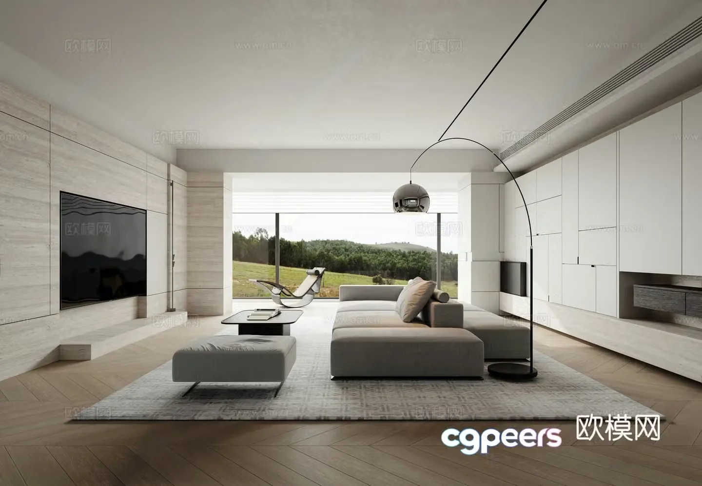 Modern simple home living room horizontal hall living room without lights high-end gray living room black and white gray living room 3D model