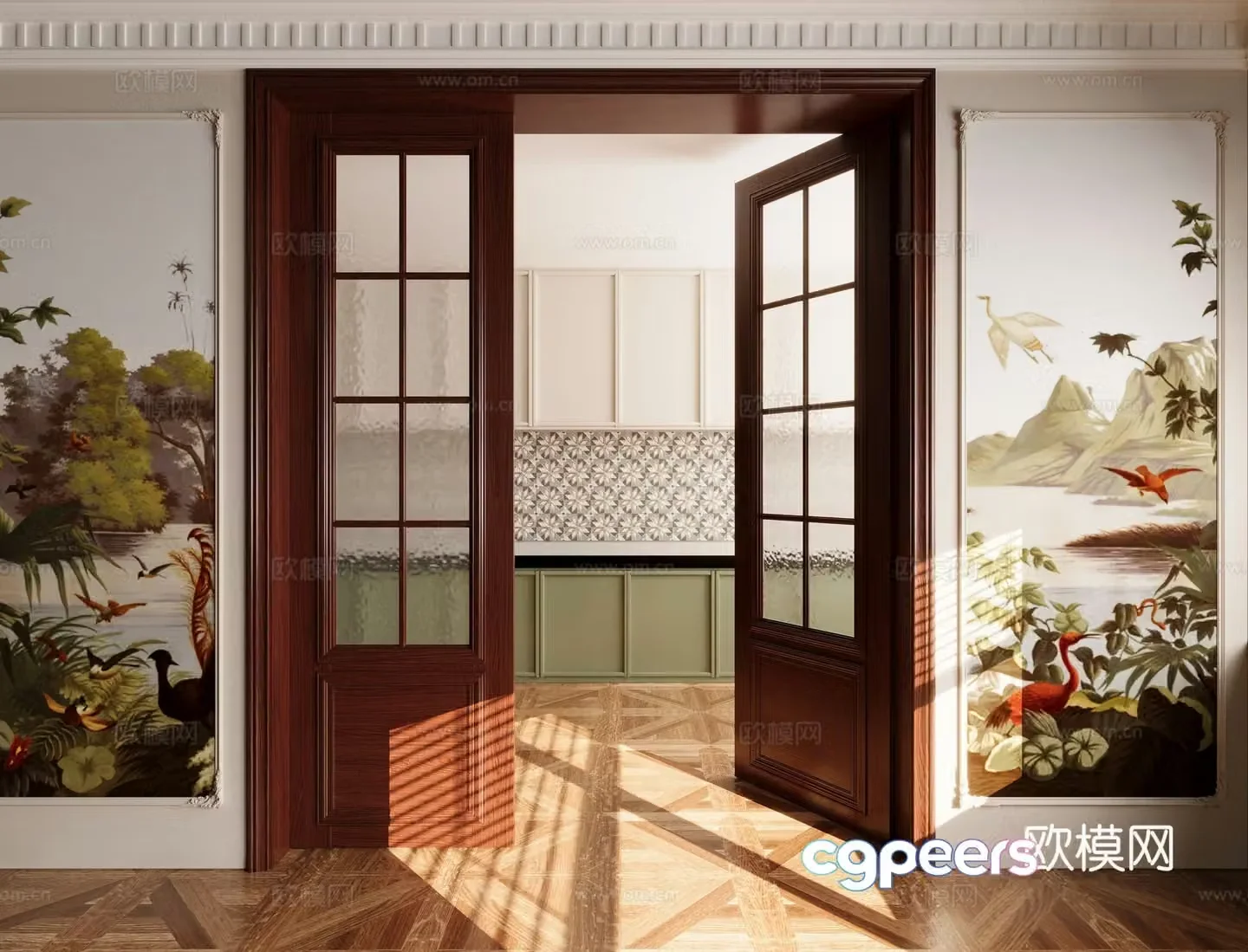 Retro European style glass kitchen door 3d model