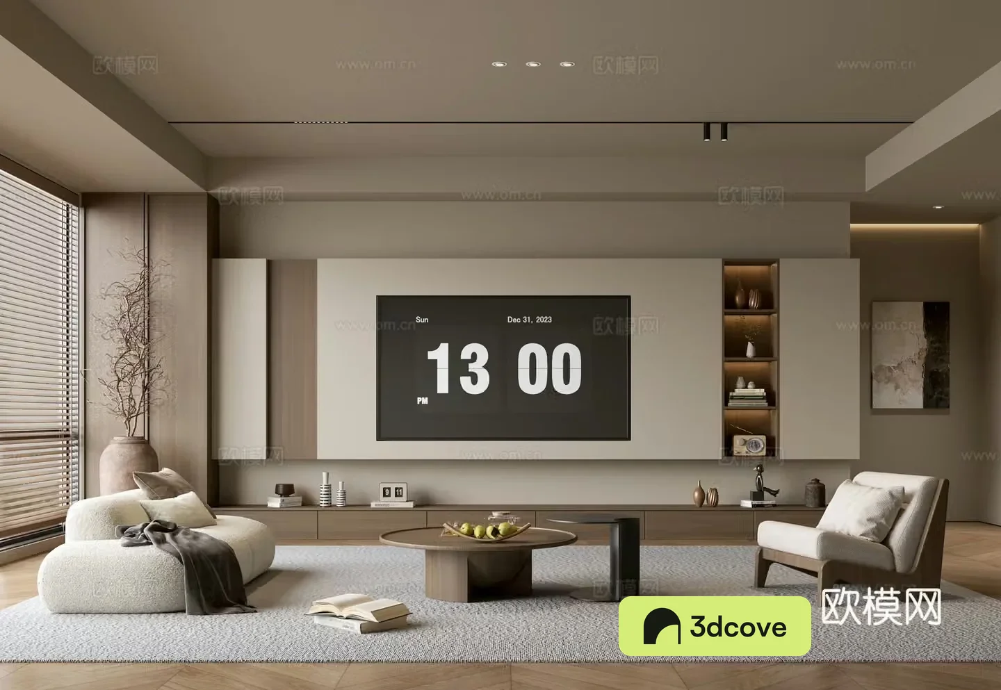 The ancient TV background wall of the TV cabinet and the background wall of the modern Wasabi style living room The ancient style 3D model