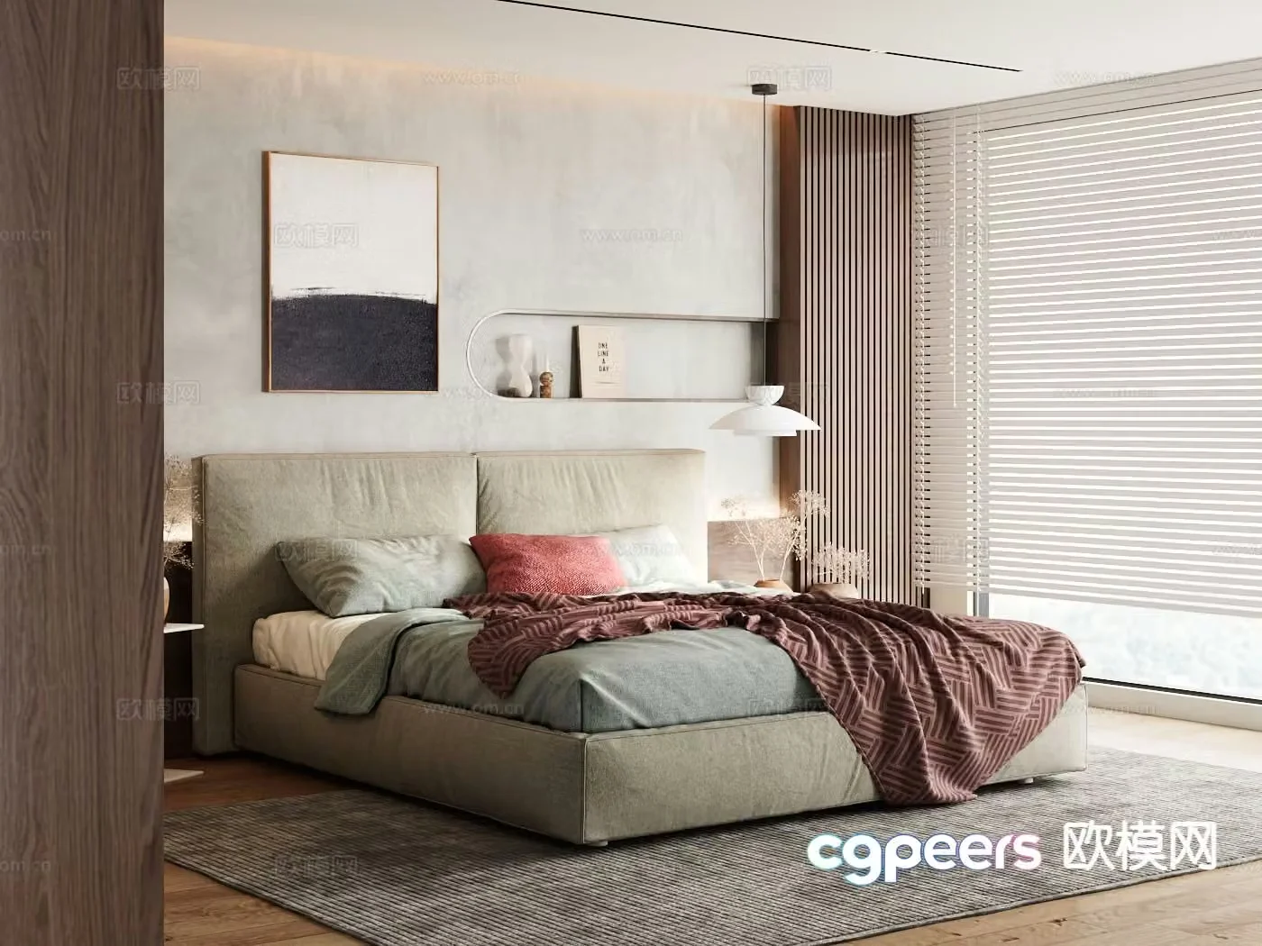Wabi-sabi style double bed fabric bed 3d model