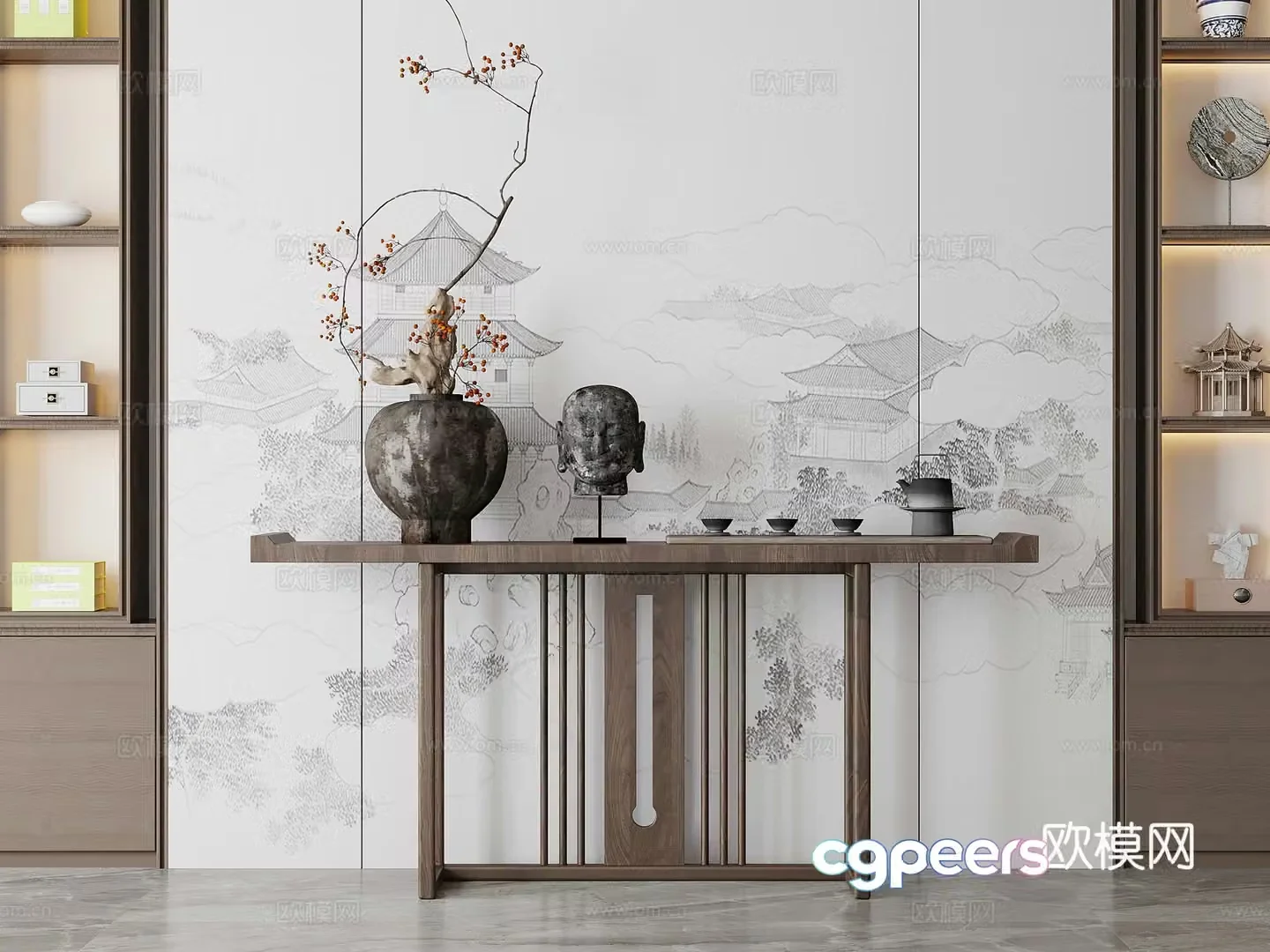 Porch New Chinese style porch Entrance Cabinet End View Cabinet Jewelry ornaments 3D Model