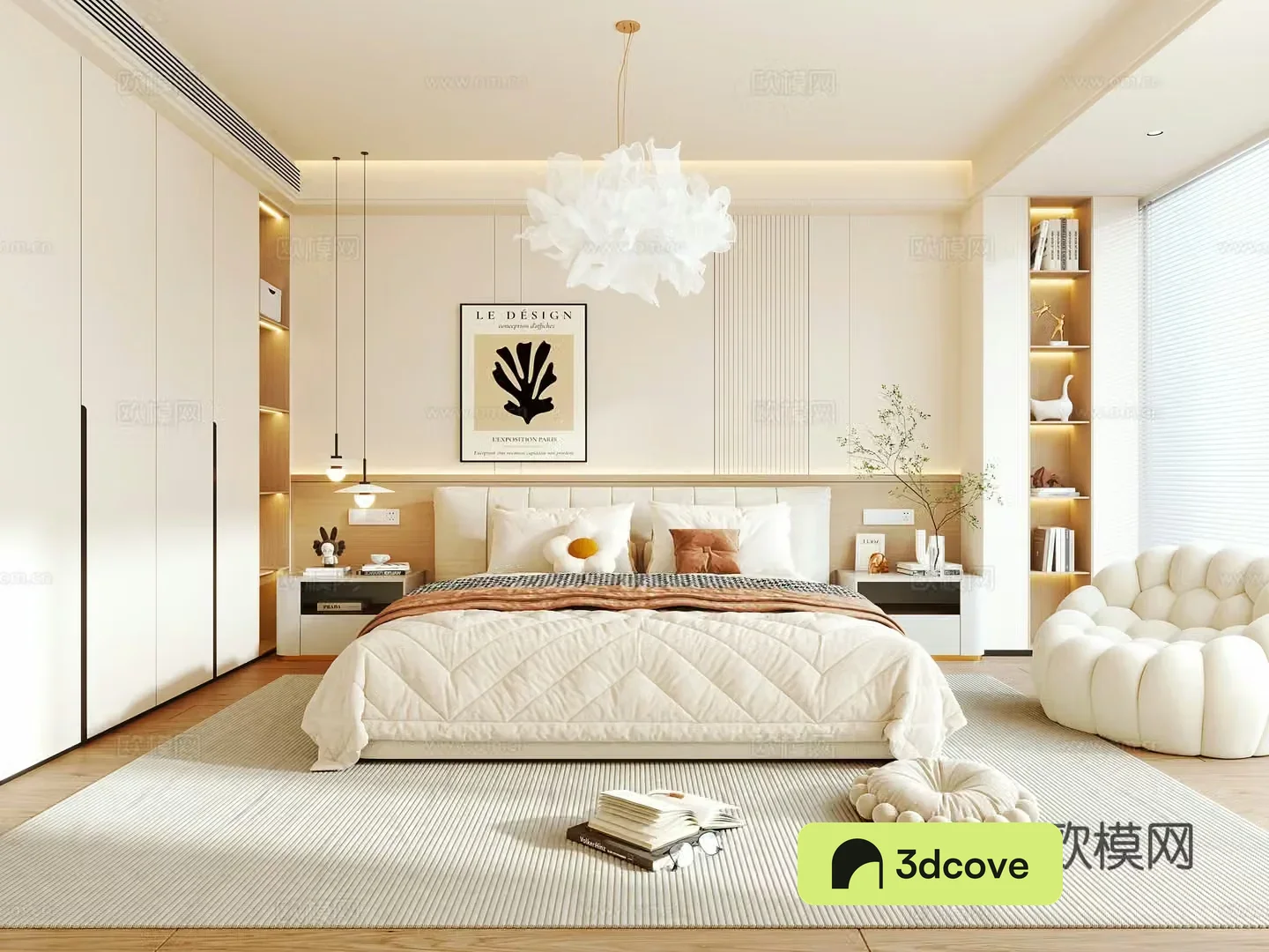 Modern cream master bedroom cream style fabric double bed bedside table wardrobe cloud chandeliers lazy