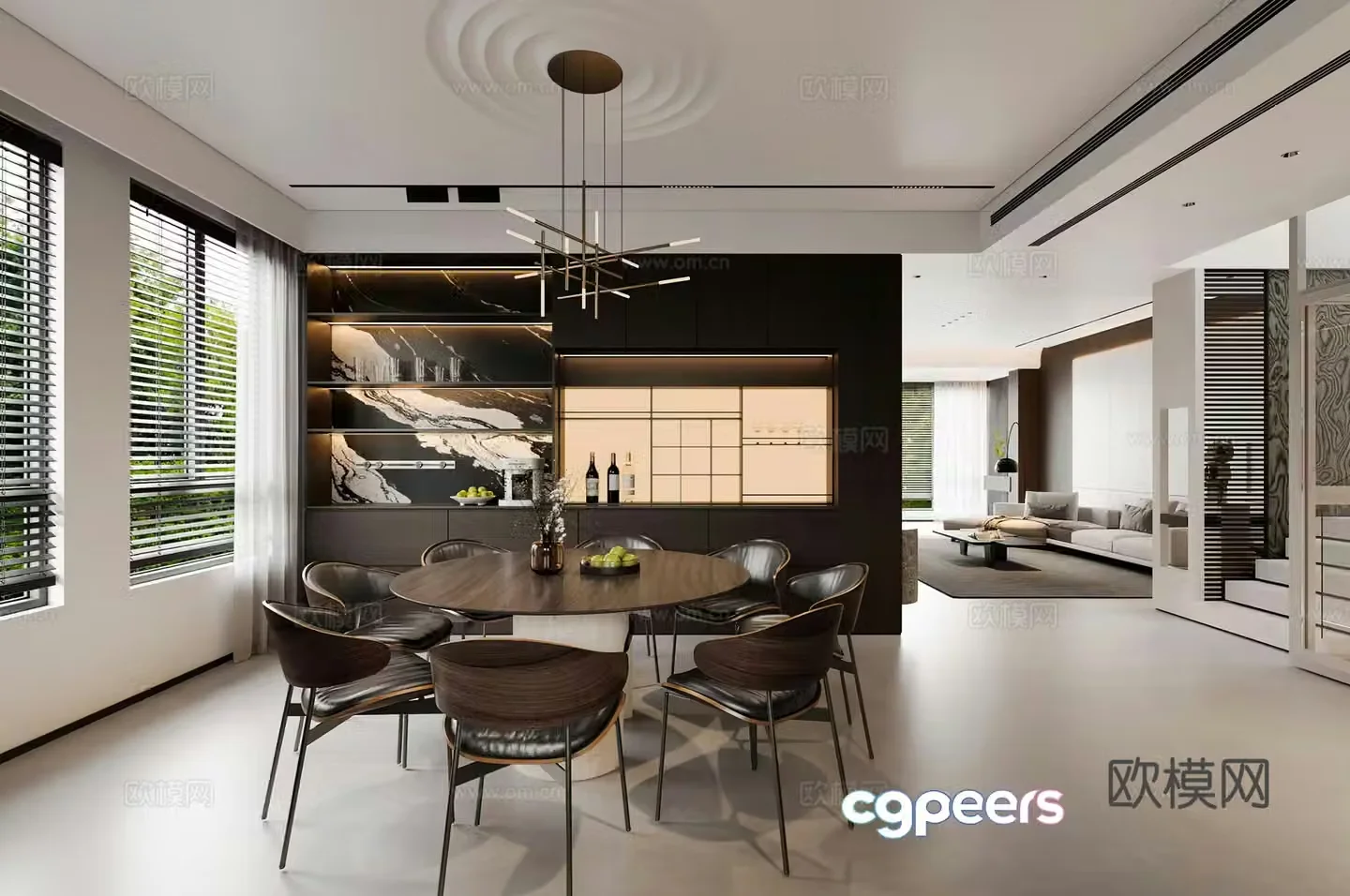 Modern restaurant Light luxury restaurant Italian restaurant Black and white gray Round dining table Wine cabinet Chandelier 3D model