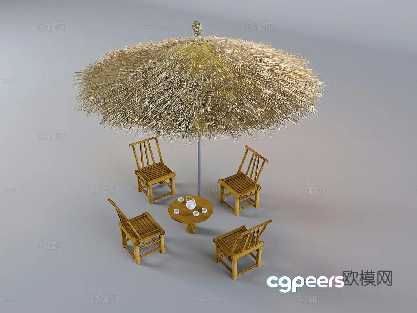 Thatched shed straw woven parasol new Chinese style bamboo woven table and chair solid wood round table and bamboo woven chair 3D model