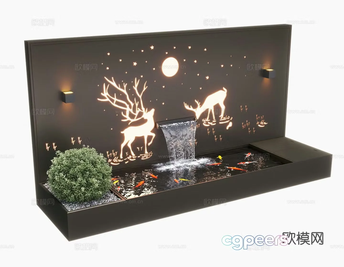 Modern courtyard water view wall landscape wall sleep flowing water fish pond 3d model