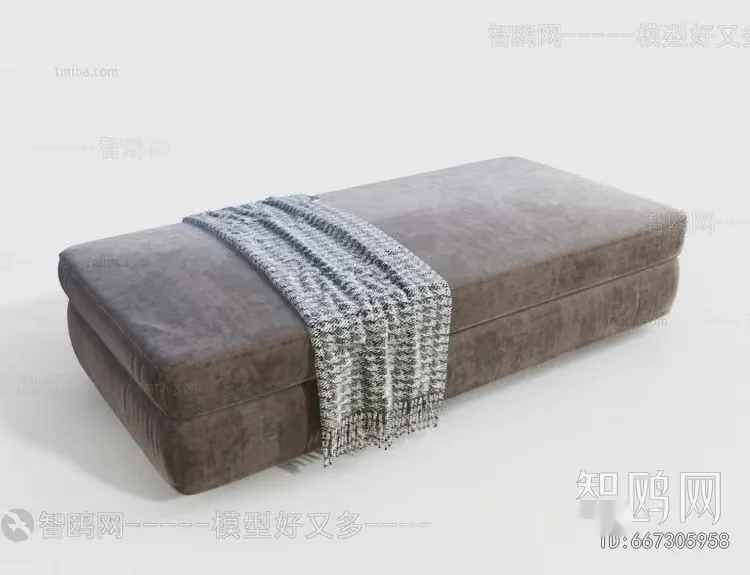 A Grey Ottoman With A Blanket On It 3D Model – 21570 – VRAY Render