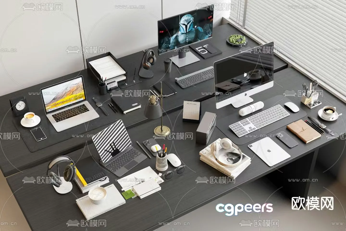 Office supplies desktop accessories tablets mobile phones headphones 3D model