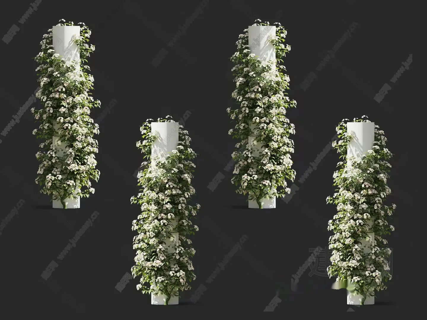 Four White Pillars With Green And White Flowers 3D Model – 17682 – VRAY Render