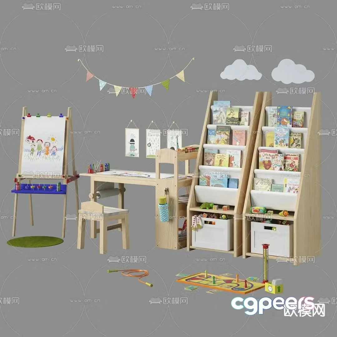 Modern children’s drawing board children’s cabinet desk chair 3d model