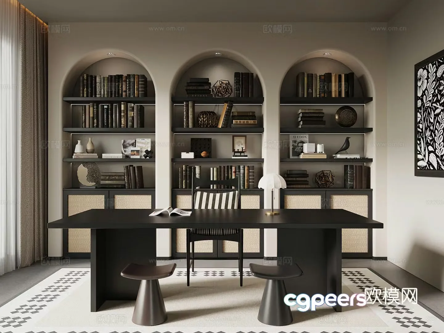 03 study French study desk chair bookcase 3d model
