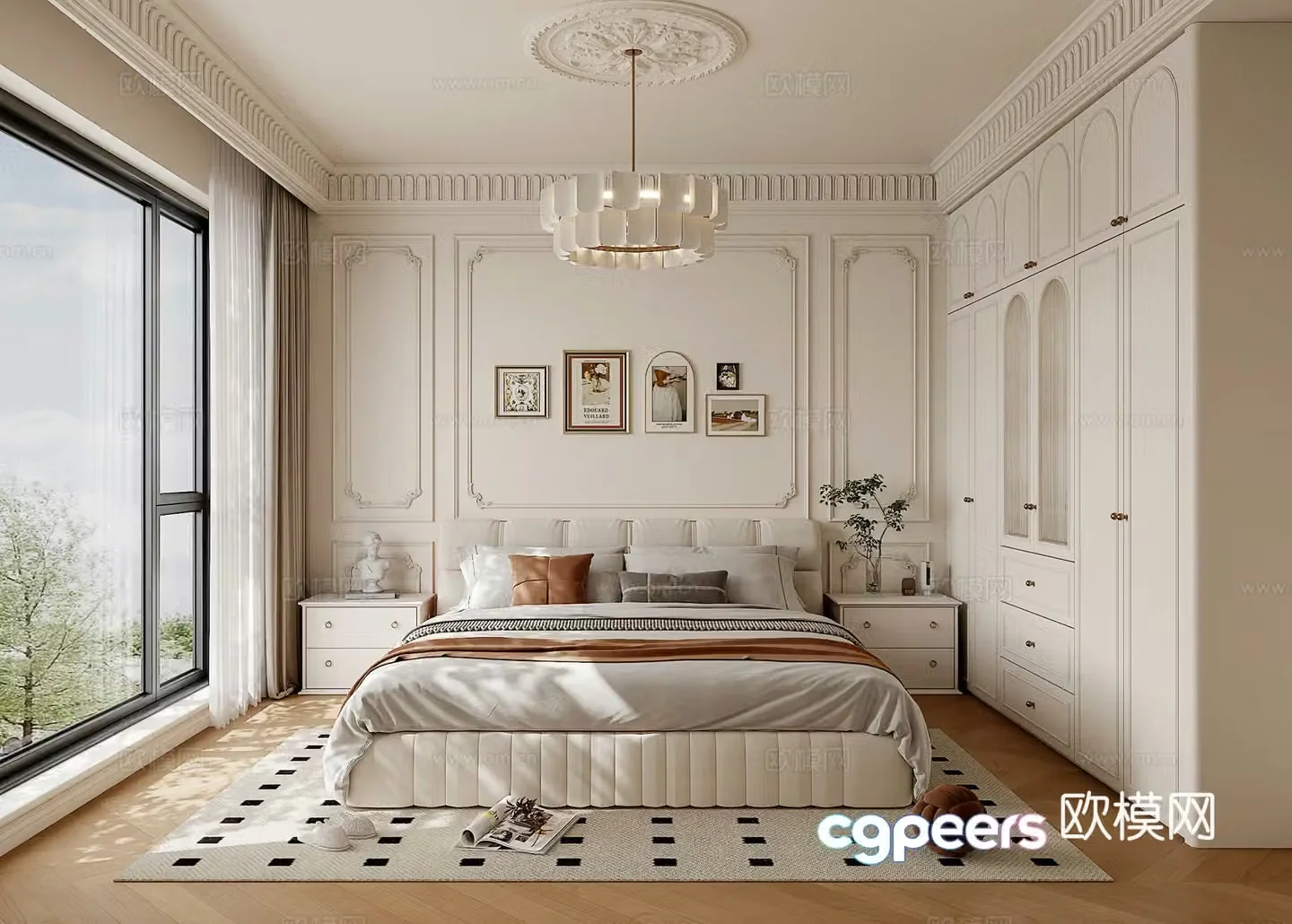 French cream style home bedroom French wardrobe French bedside background wall French double bed 3d model