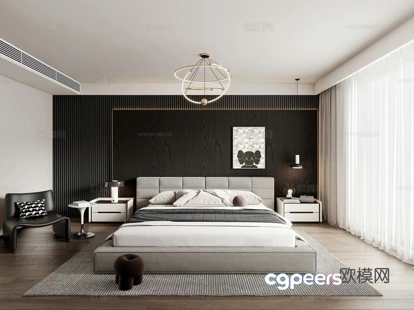 Modern home bedroom bedside background wall double bed leisure chair 3d model