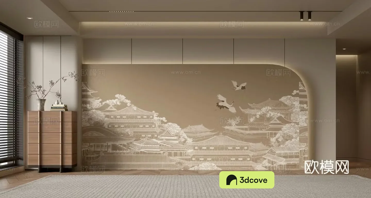 Middle-aged sofa background wall ancient building painting background 3d model