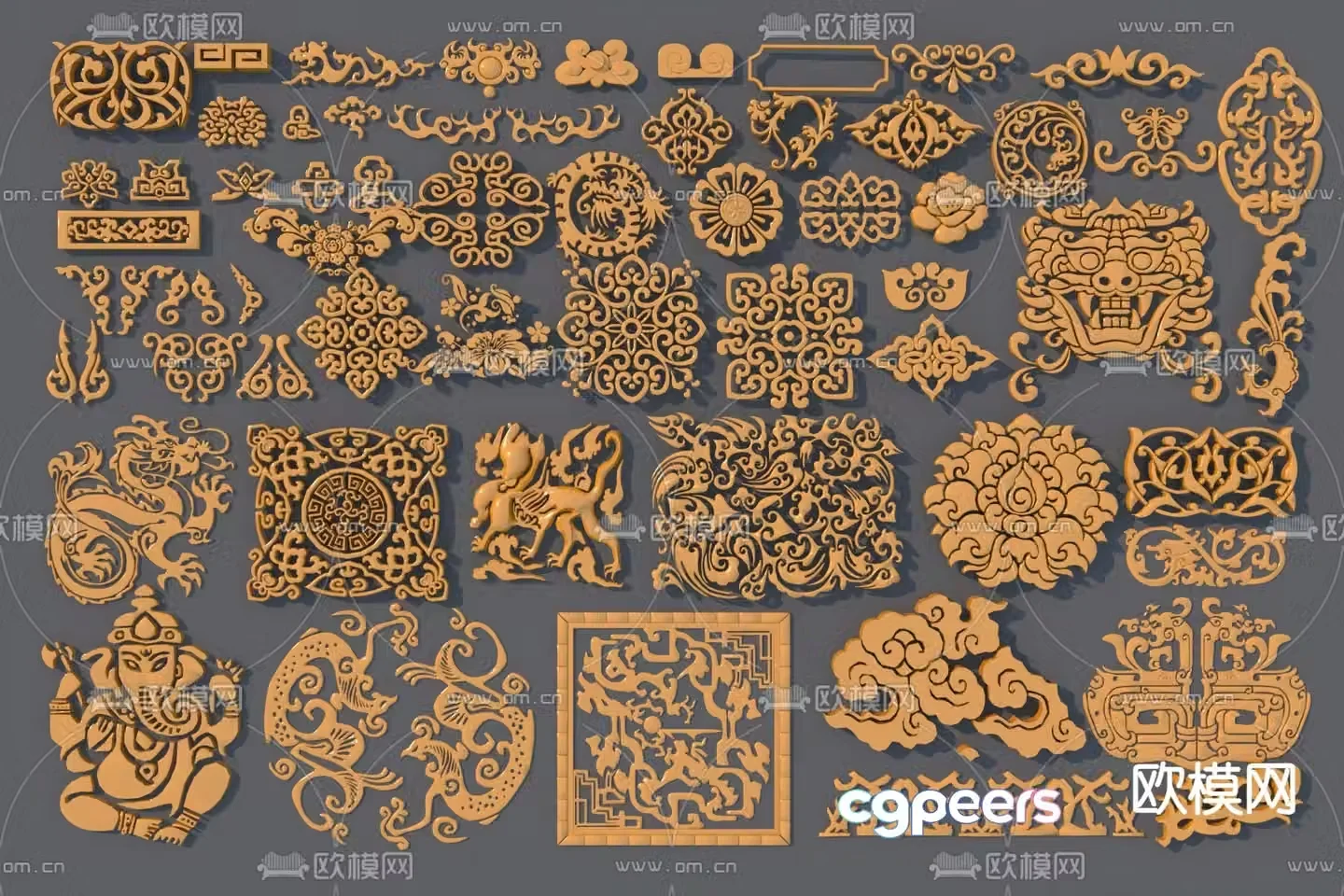 Chinese antique carving three-dimensional relief corner flowers decorative pattern 3D model