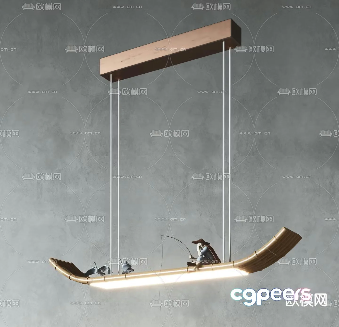 New Chinese style bamboo raft chandelier Fisherman art chandelier Zen chandelier 3D model