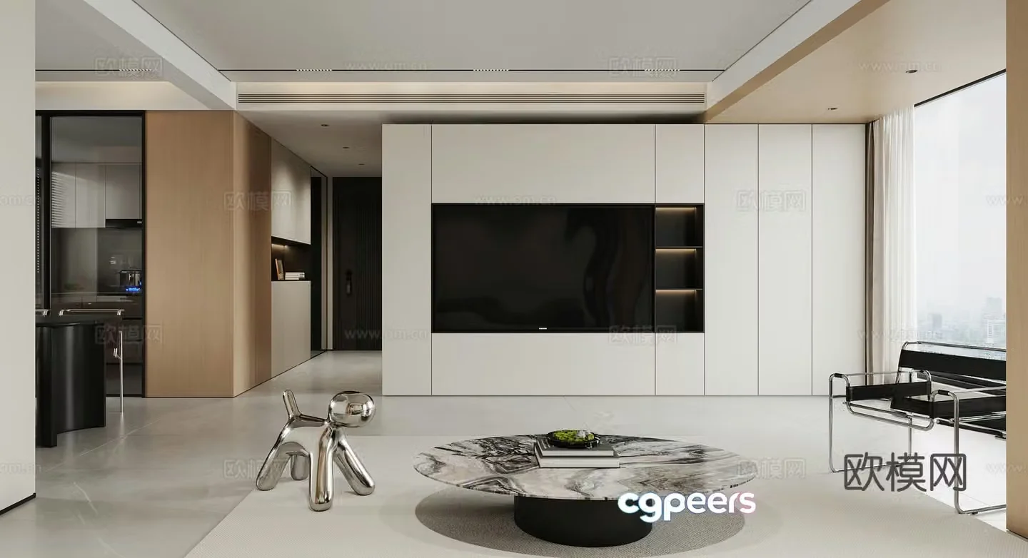 Modern minimalist living and dining room 3D model