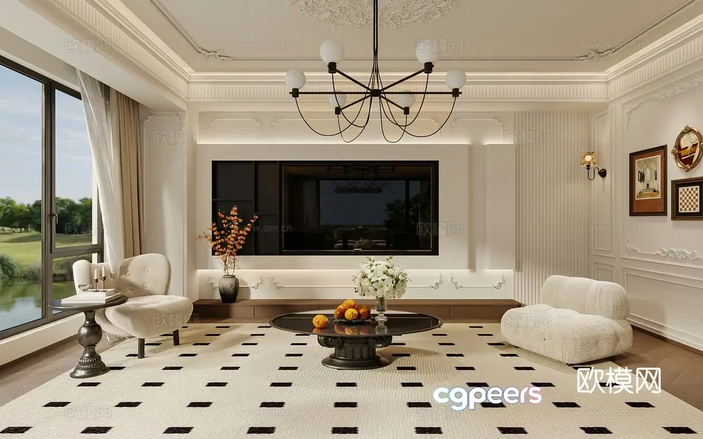 French living room TV background wall 3d model