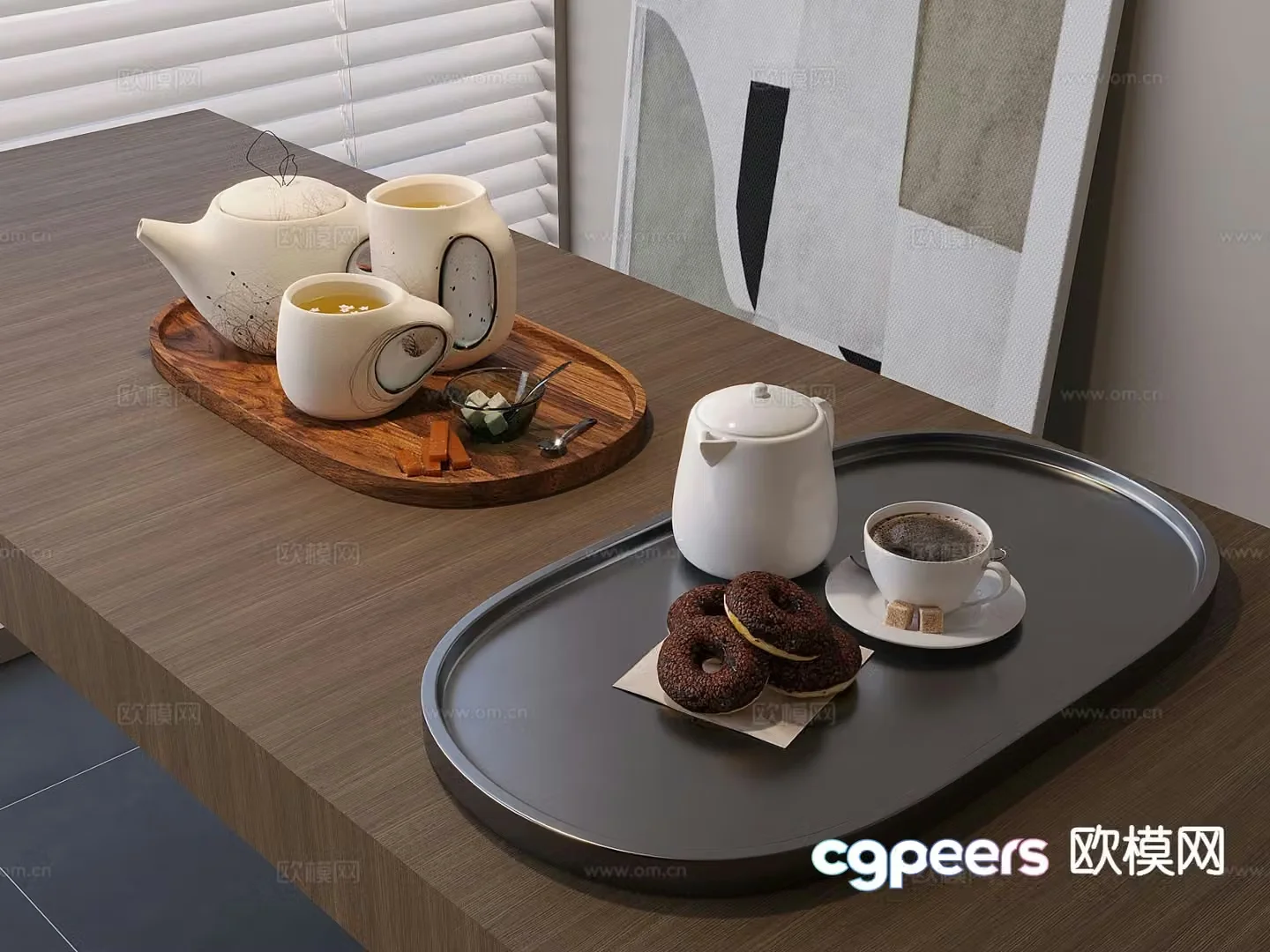 Modern tea set teapot tea cup tray 3d model