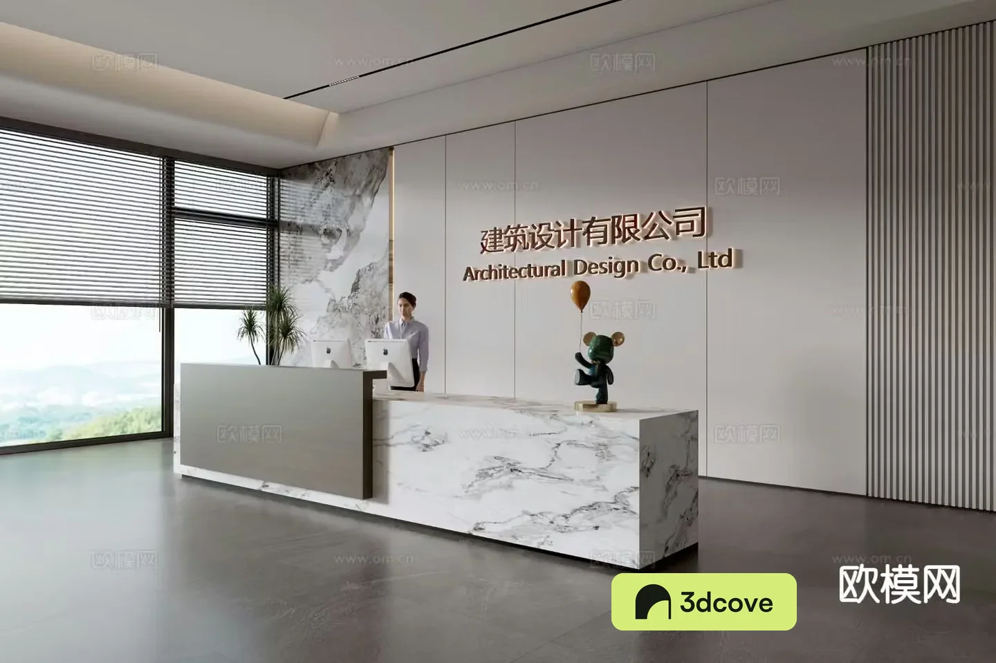 Modern company front desk reception desk corporate wall
