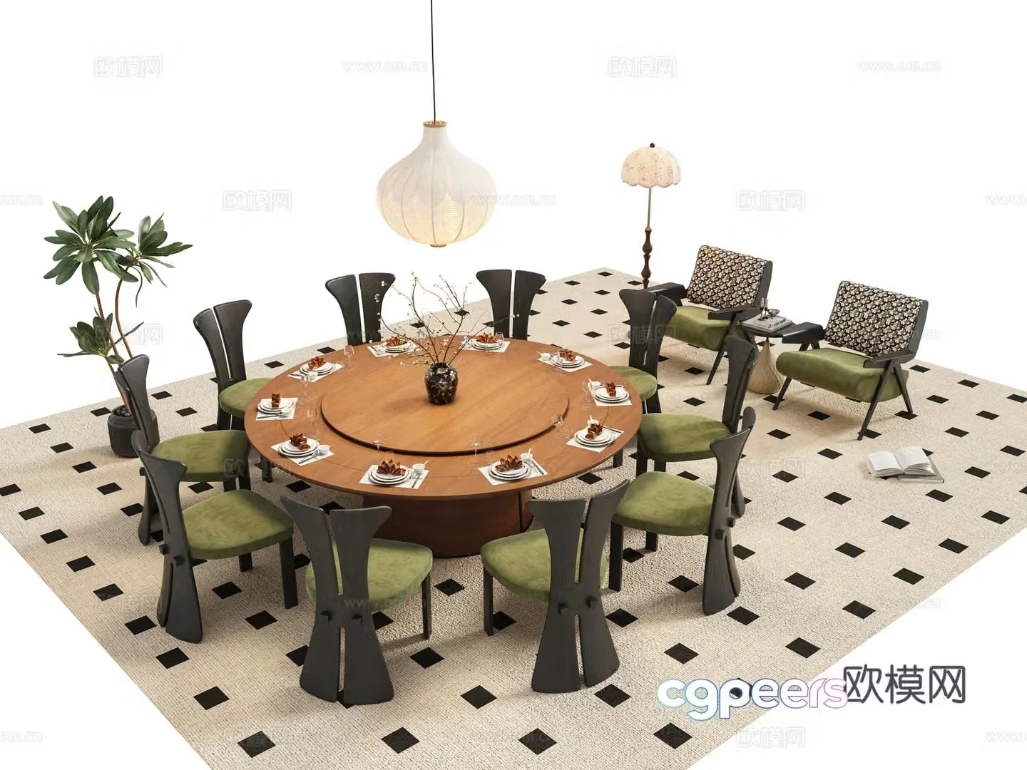 French retro dining table and chair combination 3D model