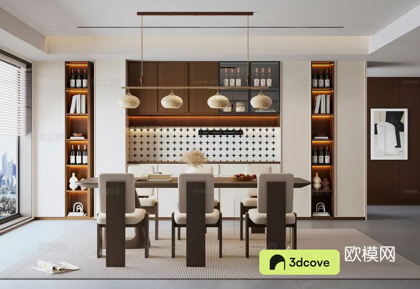 Middle style restaurant dining table and chair combination long dining table chandeliers sideboards decorative paintings 3D model