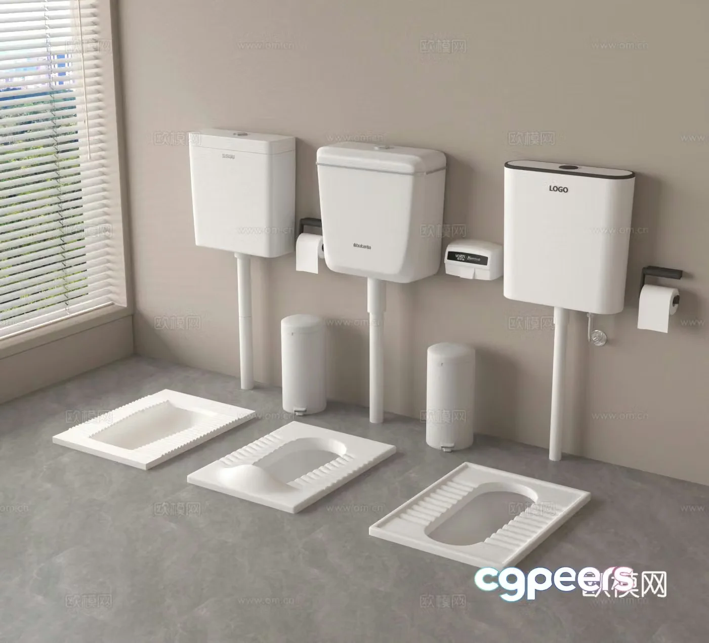 Squat toilet Squat toilet Trash can Roll paper holder 3D model