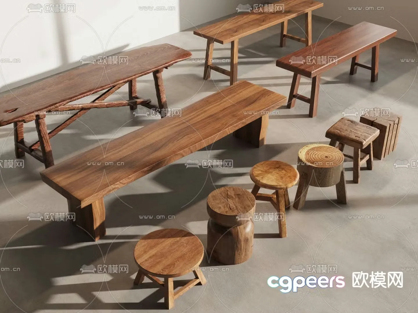 Chinese stool bench round stool square stool wooden pile 3D model