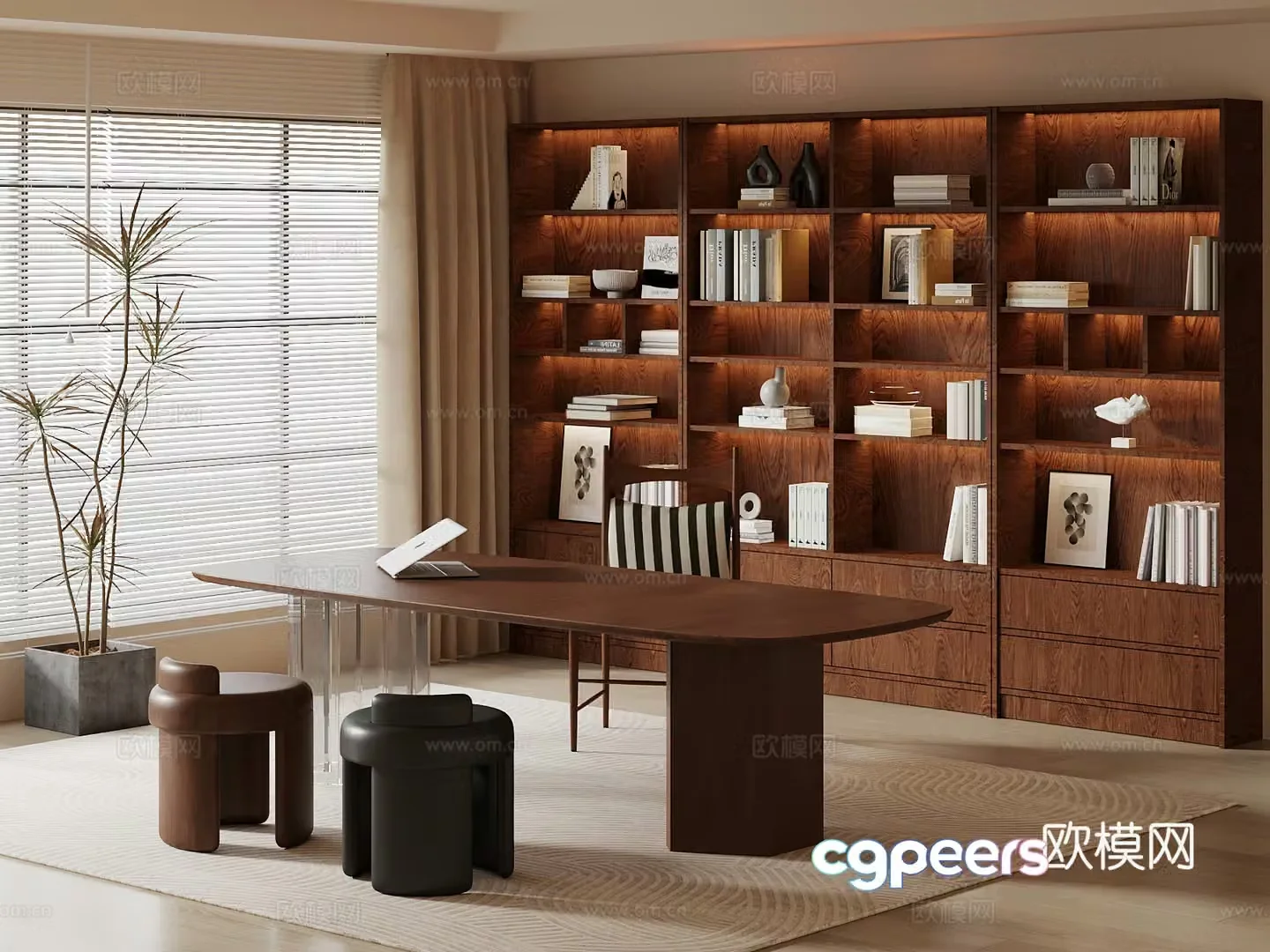 Middle-aged study bookcase desk and chair 3D model