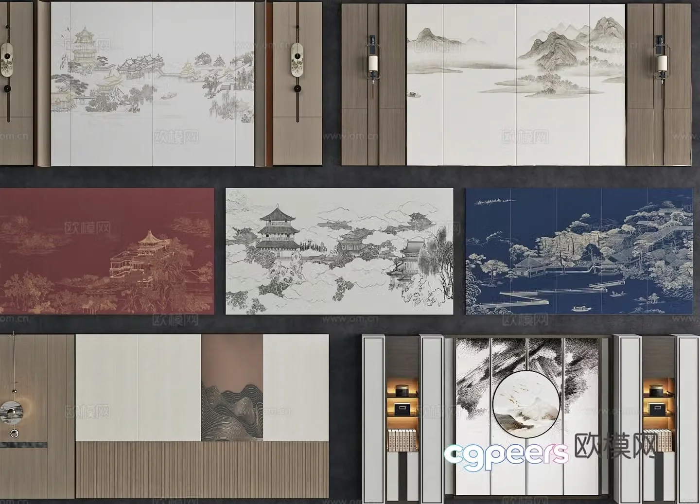 New Chinese style sofa background bedroom background TV background wall 3d model