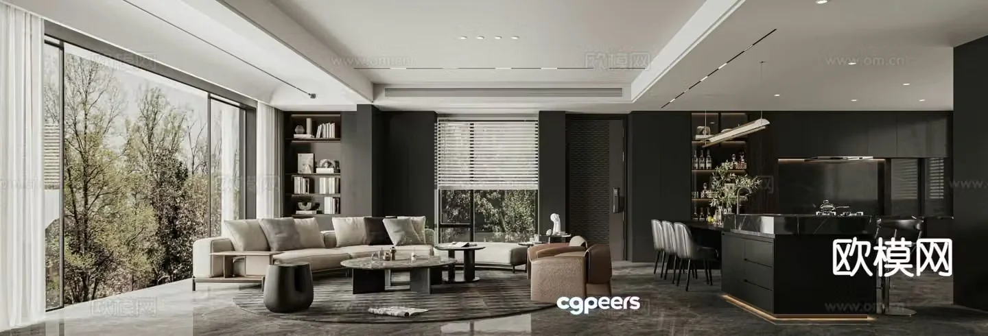 Italian light luxury living room large flat floor horizontal hall 3D model