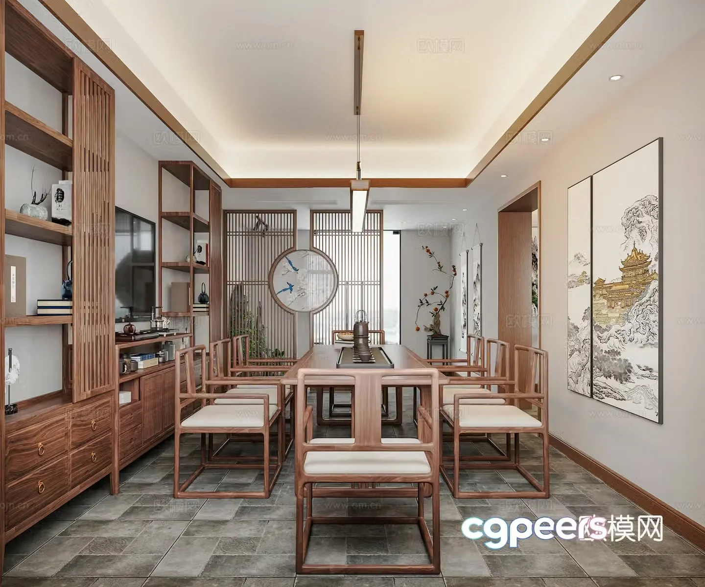 New Chinese style Chinese tea room Tea room Tea table and chair Chinese calligraphy and painting Tea room cabinet Tea set New Chinese style 3D model