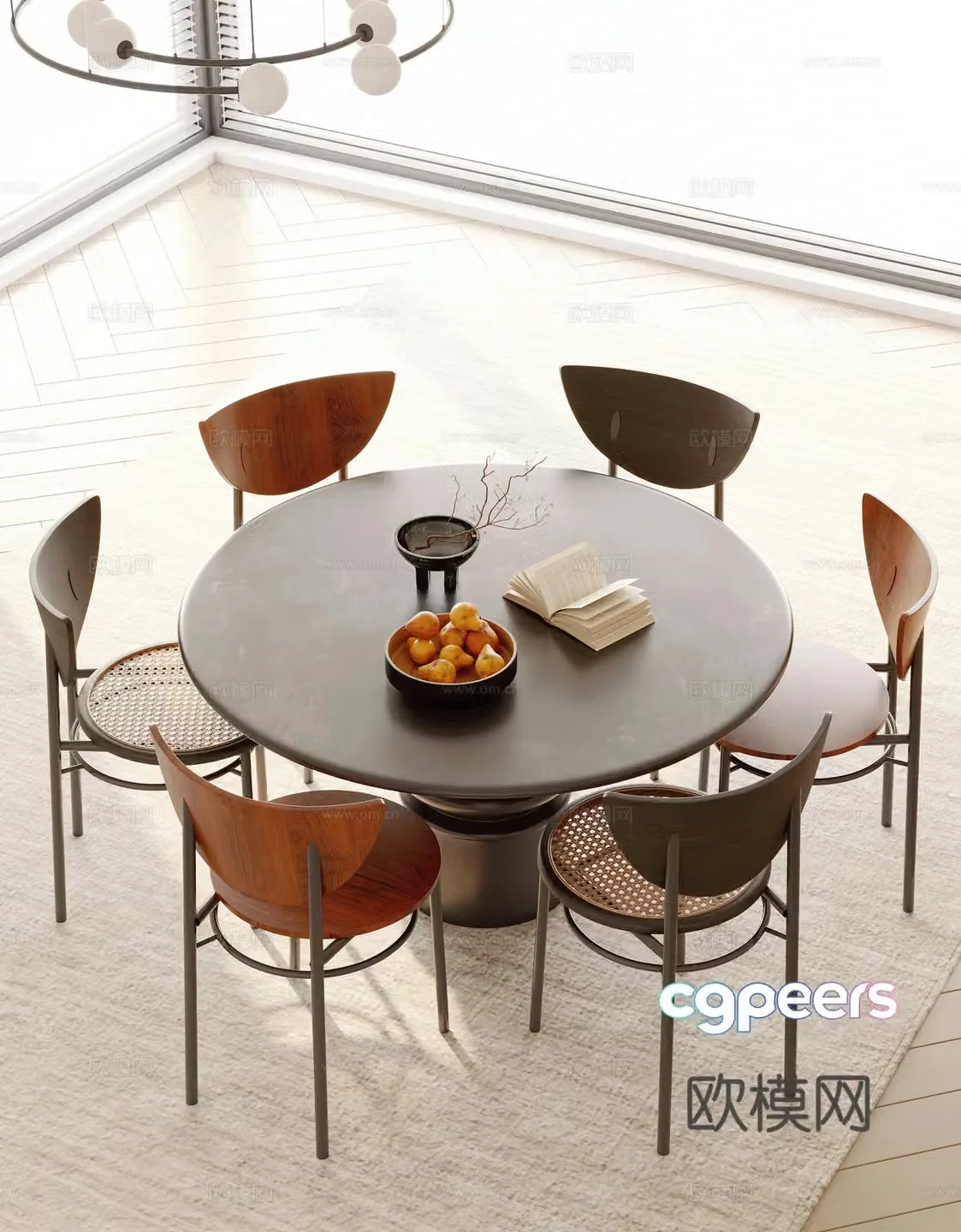 Medieval style dining table and chairs round dining table 3D model
