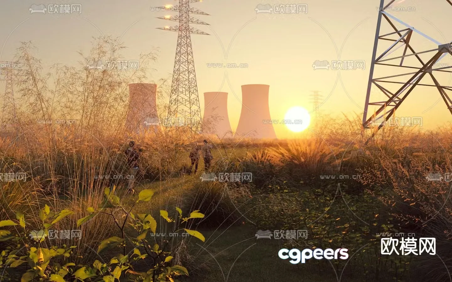 Outdoor landscape power station high voltage line 3d model