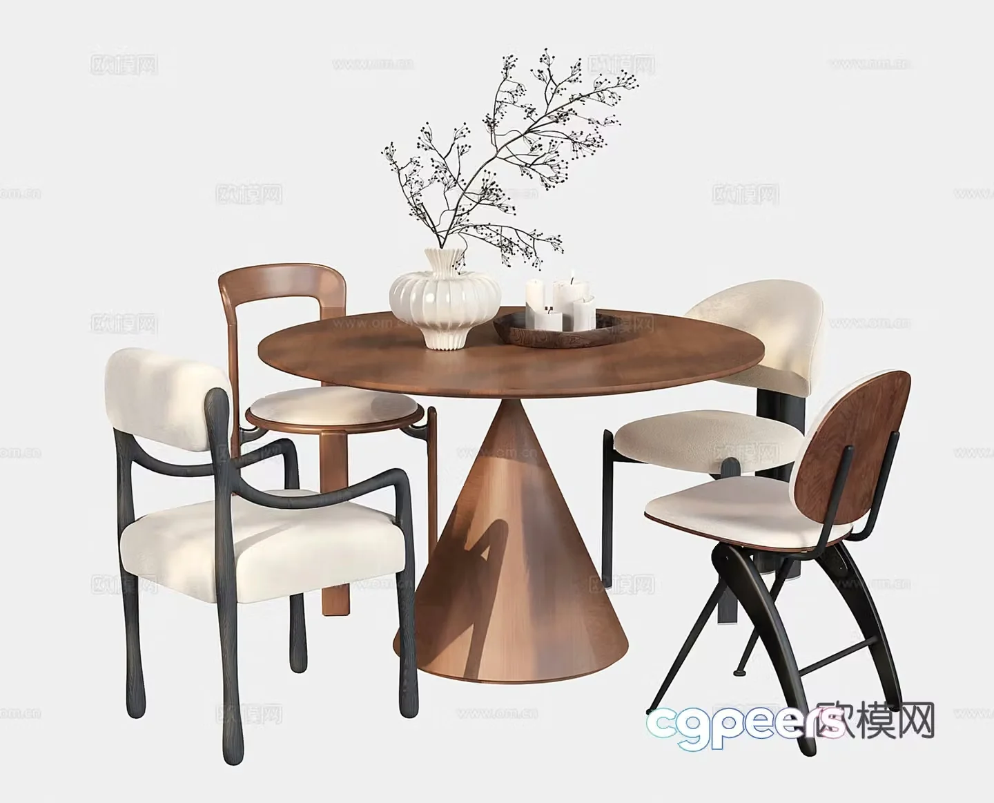 Medium style dining table and chairs Round dining table and dining chairs Single chair 3D model