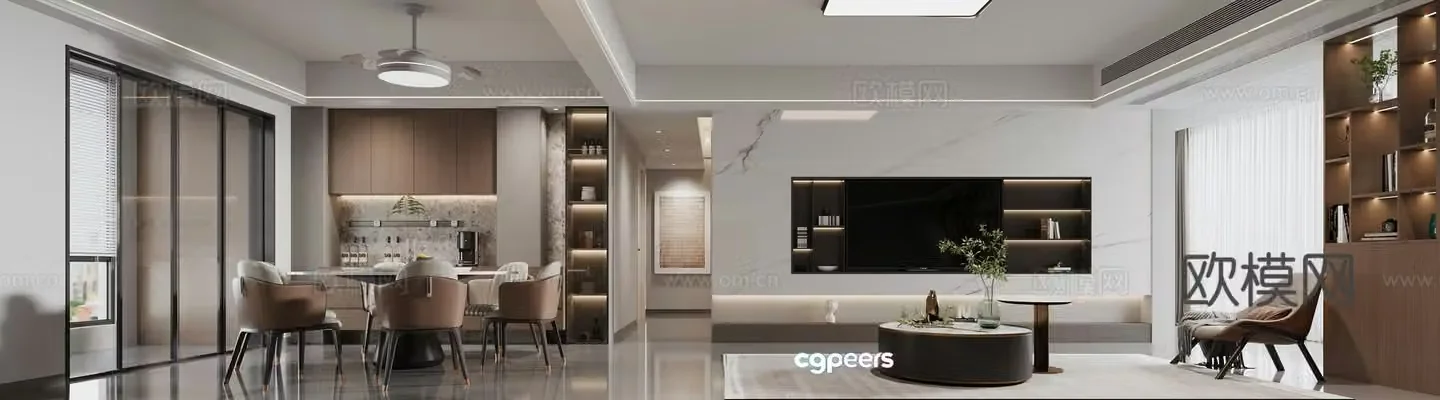 Modern living and dining room 3d model