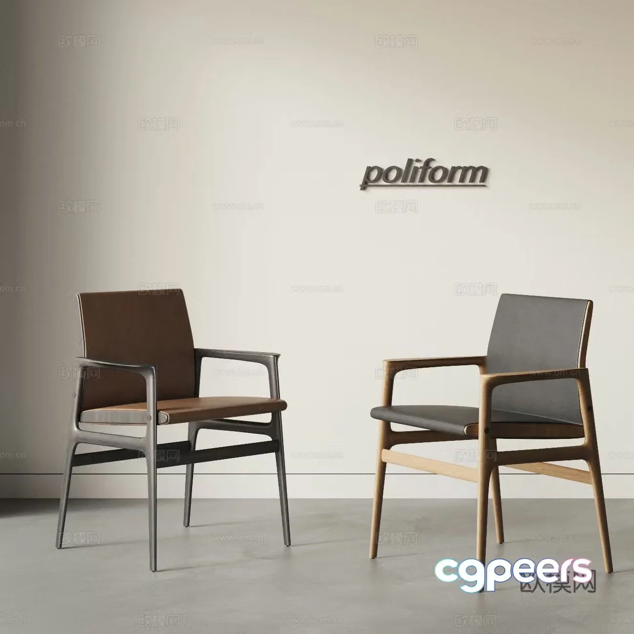 POLIFORM modern single chair combination leather single chair wooden dining chair leisure chair 3d model