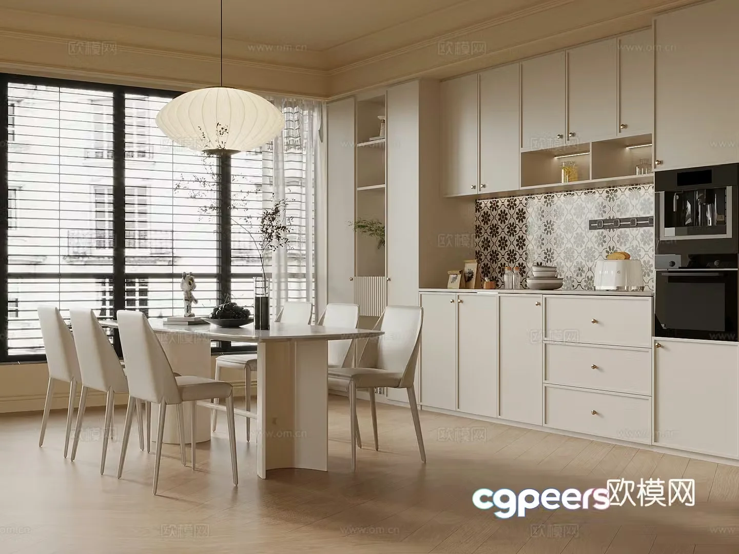 French cream style restaurant dining table and chair 3d model