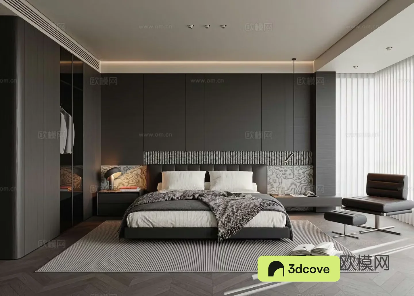 Italian modern bedroom master light master bedroom senior room leather double bed background wall