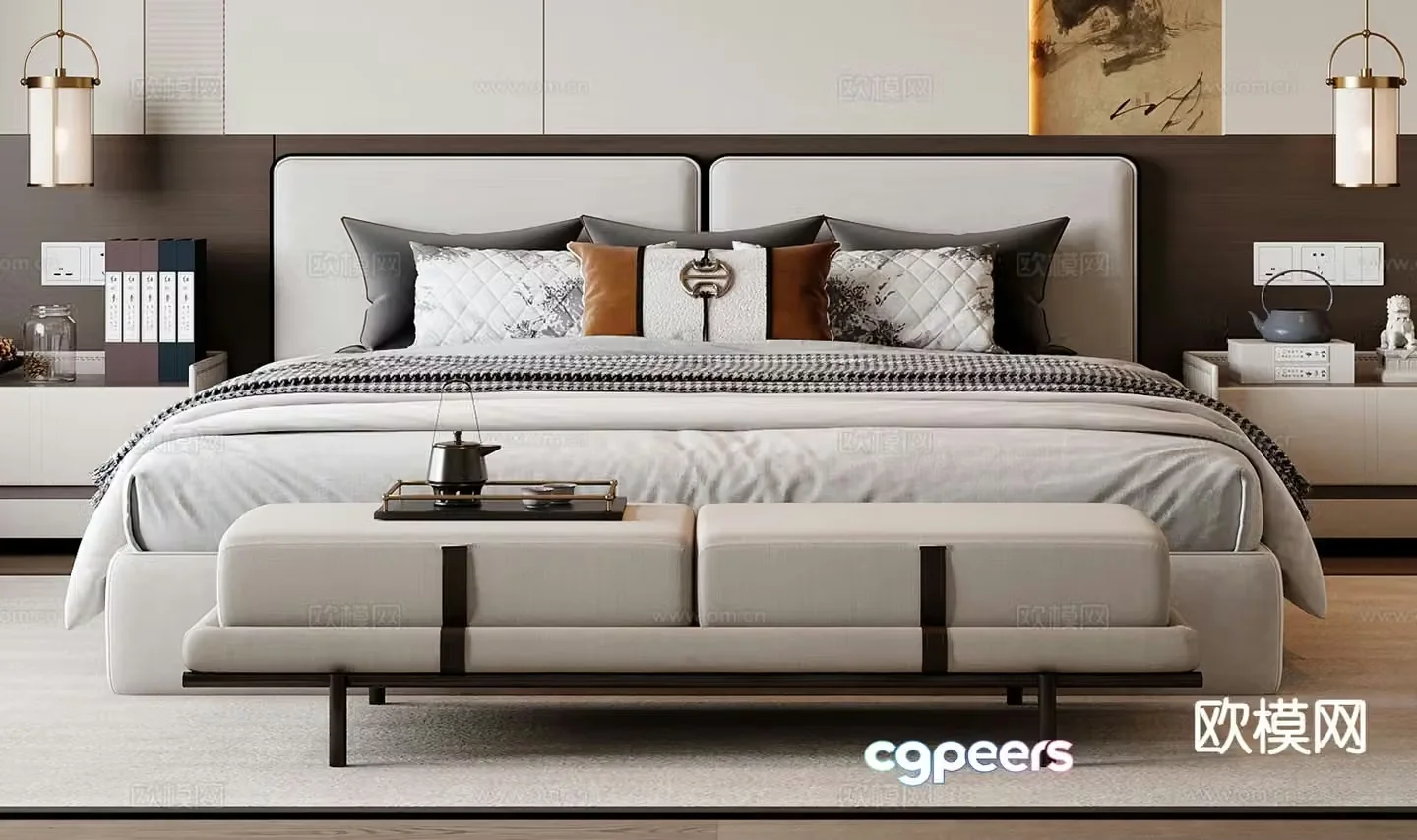 New Chinese style double bed 3d model