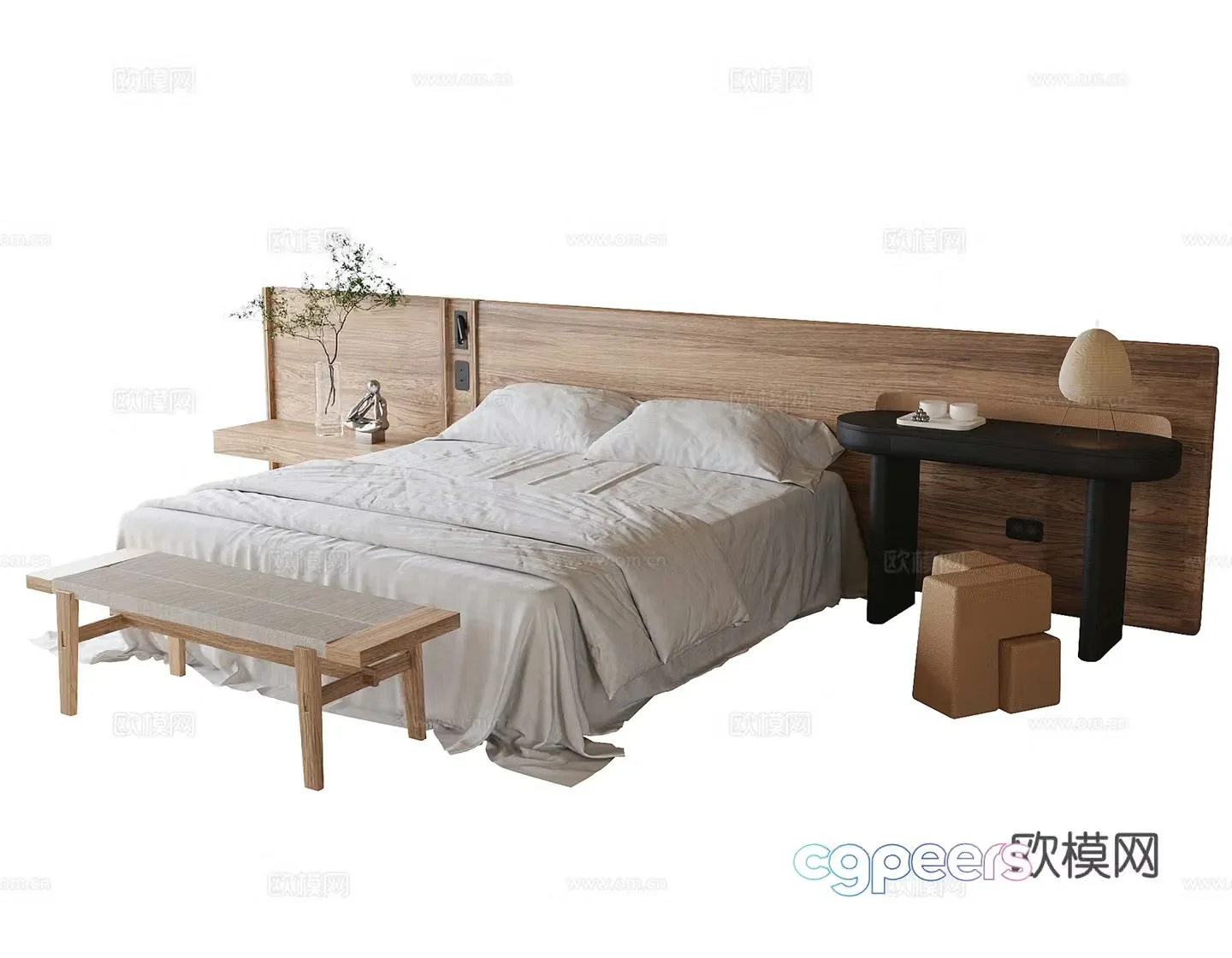 Modern double bed bed tail stool dressing table 3d model