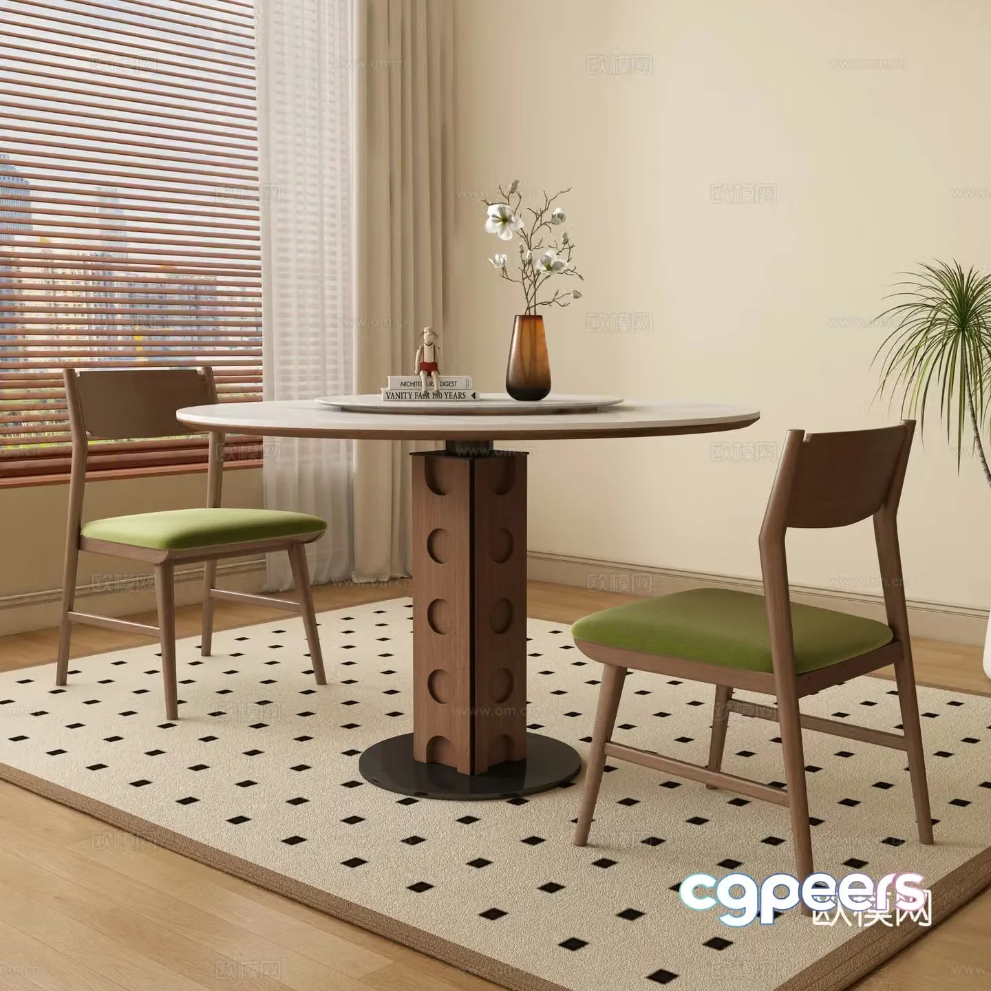 Medium style round dining table and chair 3D model
