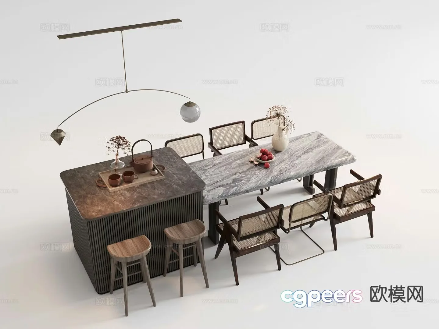 Wabi-sabi dining table and chairs island dining table 3d model