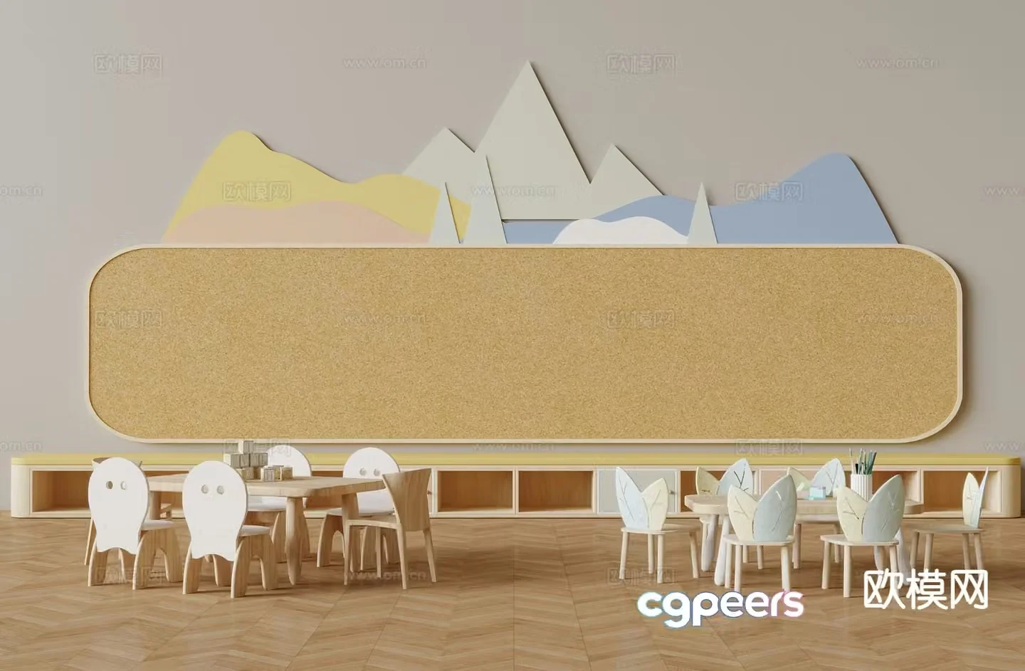 Kindergarten tables chairs desks low cabinets 3D model