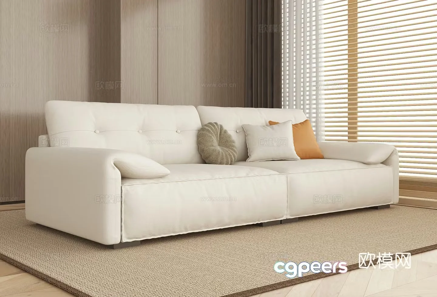 Cream simple multi-person sofa direct sofa multi-person sofa fabric sofa casual sofa 3D model