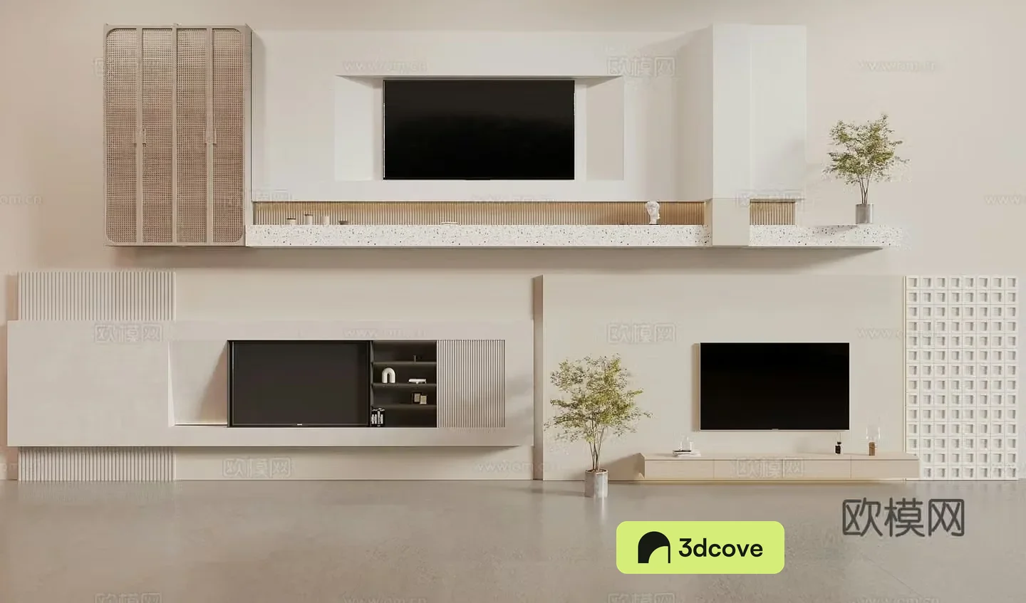 Wasabi Creamy TV Background Wall Wooden Vintage Background Wall Rock Slab Background Wall Living Room Background Wall 3D Model