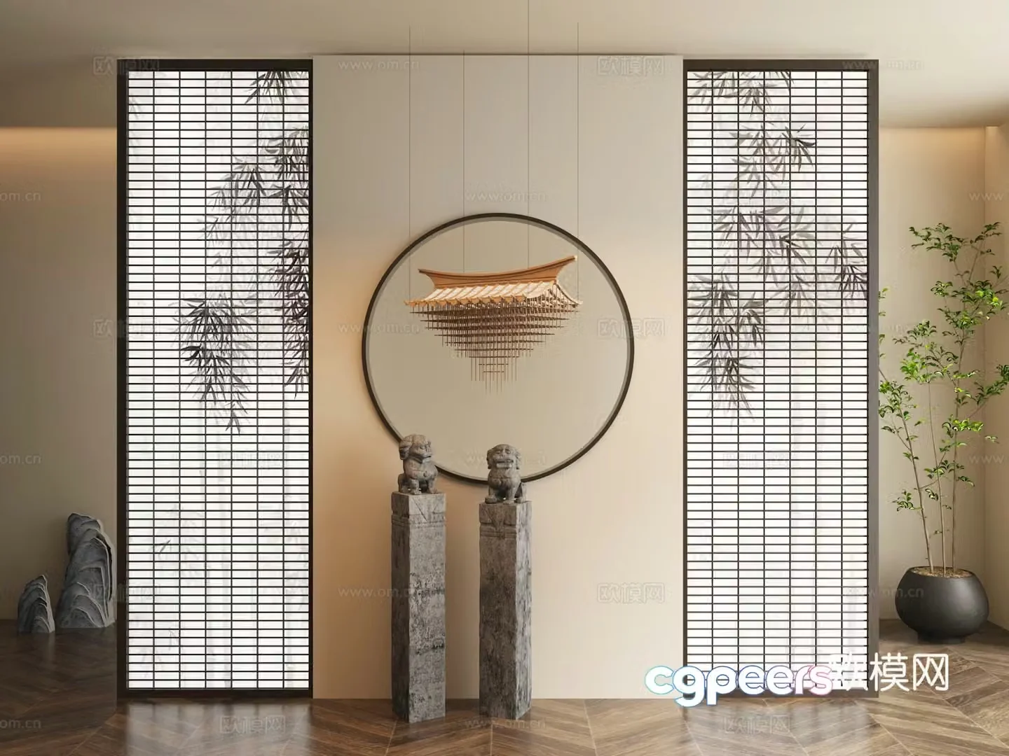 New Chinese style entrance partition lattice partition 3D model