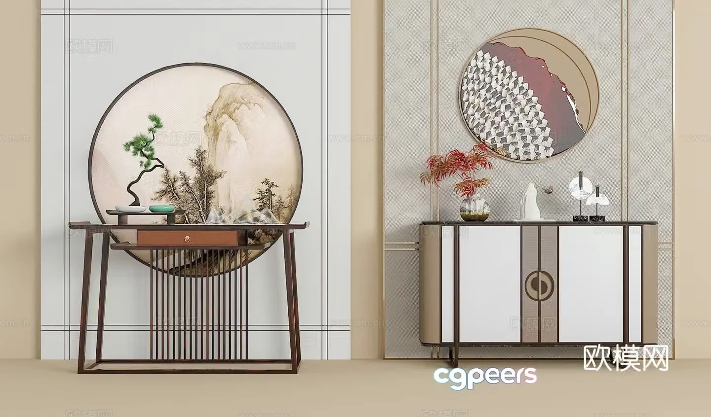 New Chinese style end-view side cabinet porch cabinet hanging painting green plants accessories ornaments 3D model