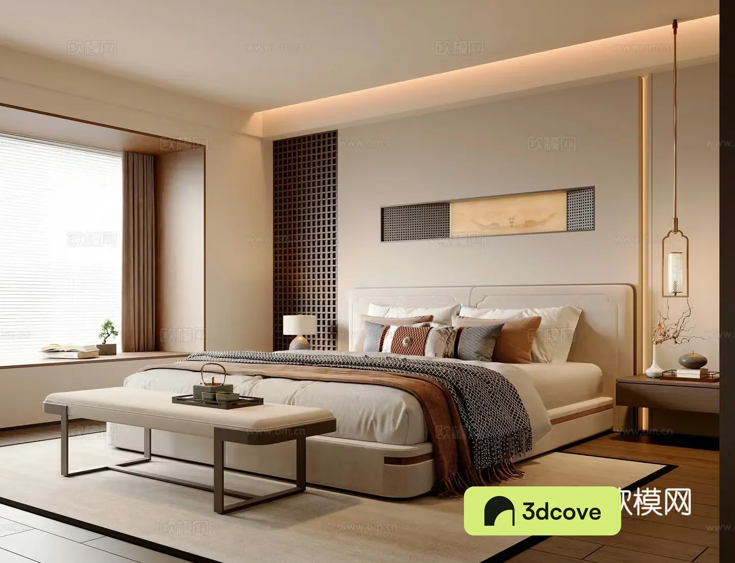 New Chinese style bedroom Master bedroom New Chinese style double bed New Chinese style bedside table New Chinese style bedside stool